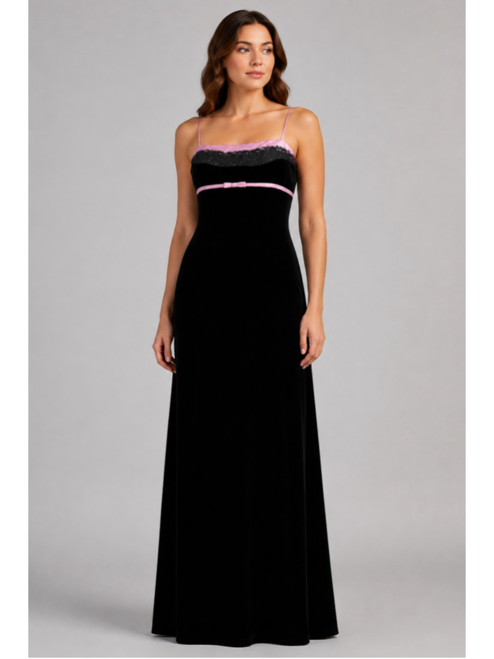 Betsey Adam Velvet Formal Maxi Dress Black Pink Lace Bow USA Size 6